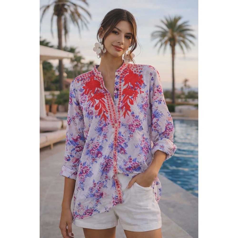 The Nu Vintage Embroidered Floral Cotton Shirt NWT Pink Red Size L